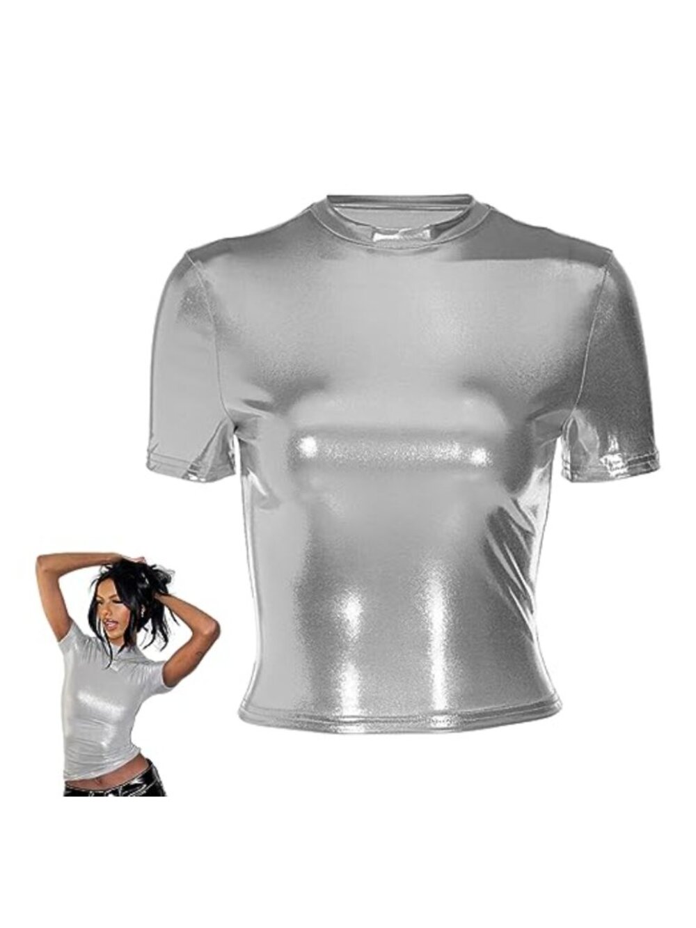 Women's Shiny Metallic Crop Top Short Sleeve Slim Fit Mock Neck Party Blouse